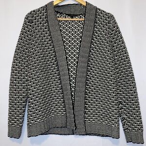 Talbots Wool Blend  White & Black Chunky Knit Open Cardigan Sweater Size Small
